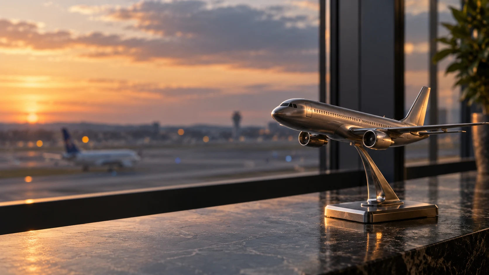 A refined metal aircraft model beside a window overlooking an airport runway