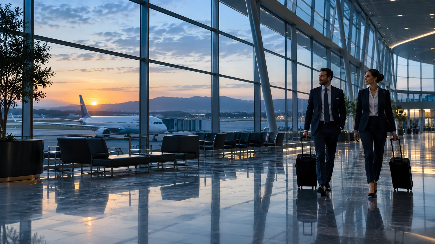 Business travellers in a sunlit airport terminal