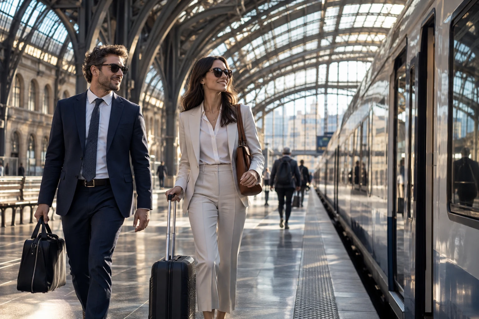 Business professionals travelling through a European railway station