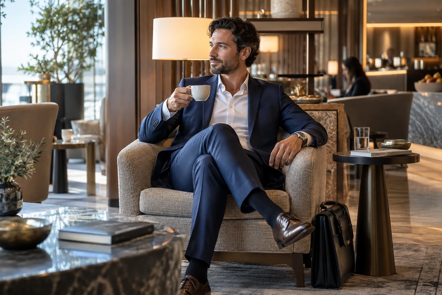 A business traveller reading in an airport lounge