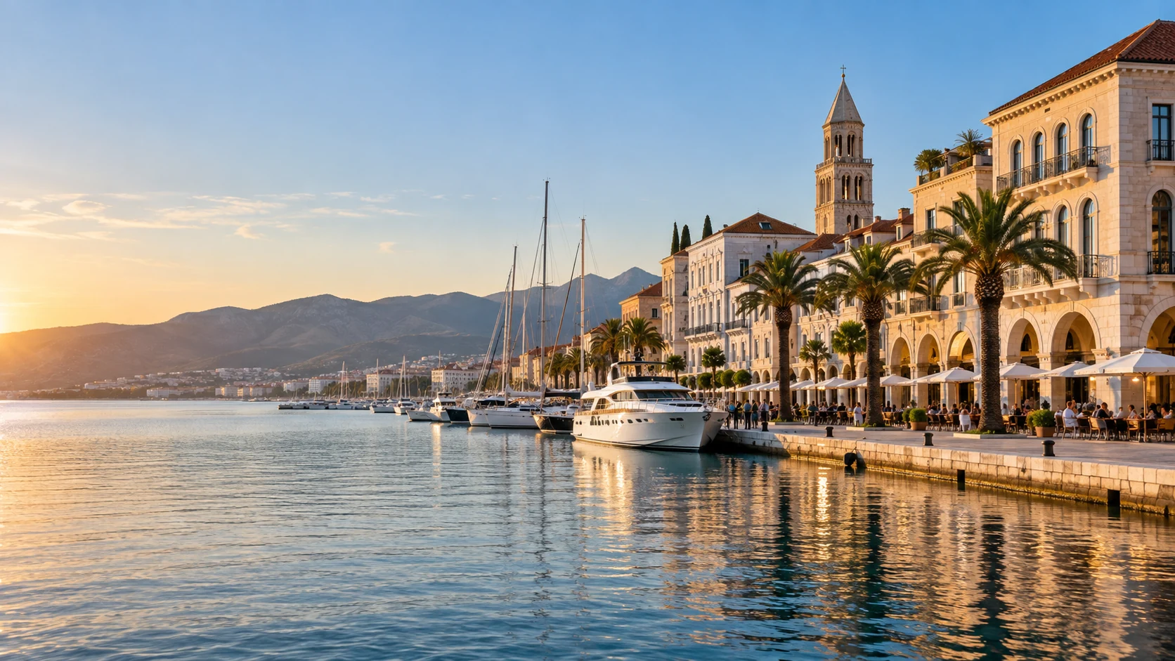 A Mediterranean harbour waterfront with offices and a marina in morning light