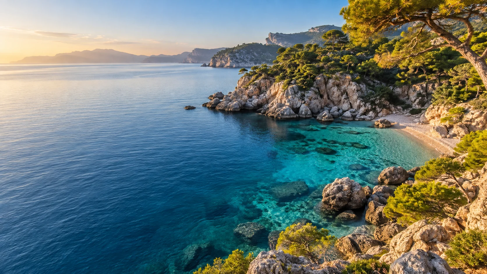 Καθαρός μεσογειακός όρμος με πεύκα και βραχώδη ακτογραμμή