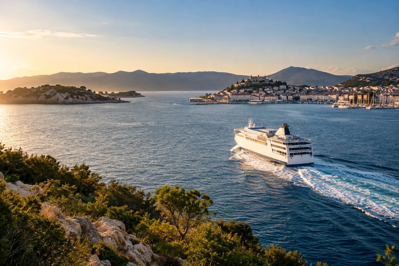A passenger ferry approaching an island harbour