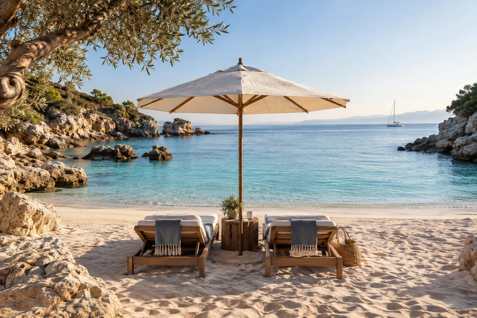 Sun loungers beside a secluded Mediterranean cove