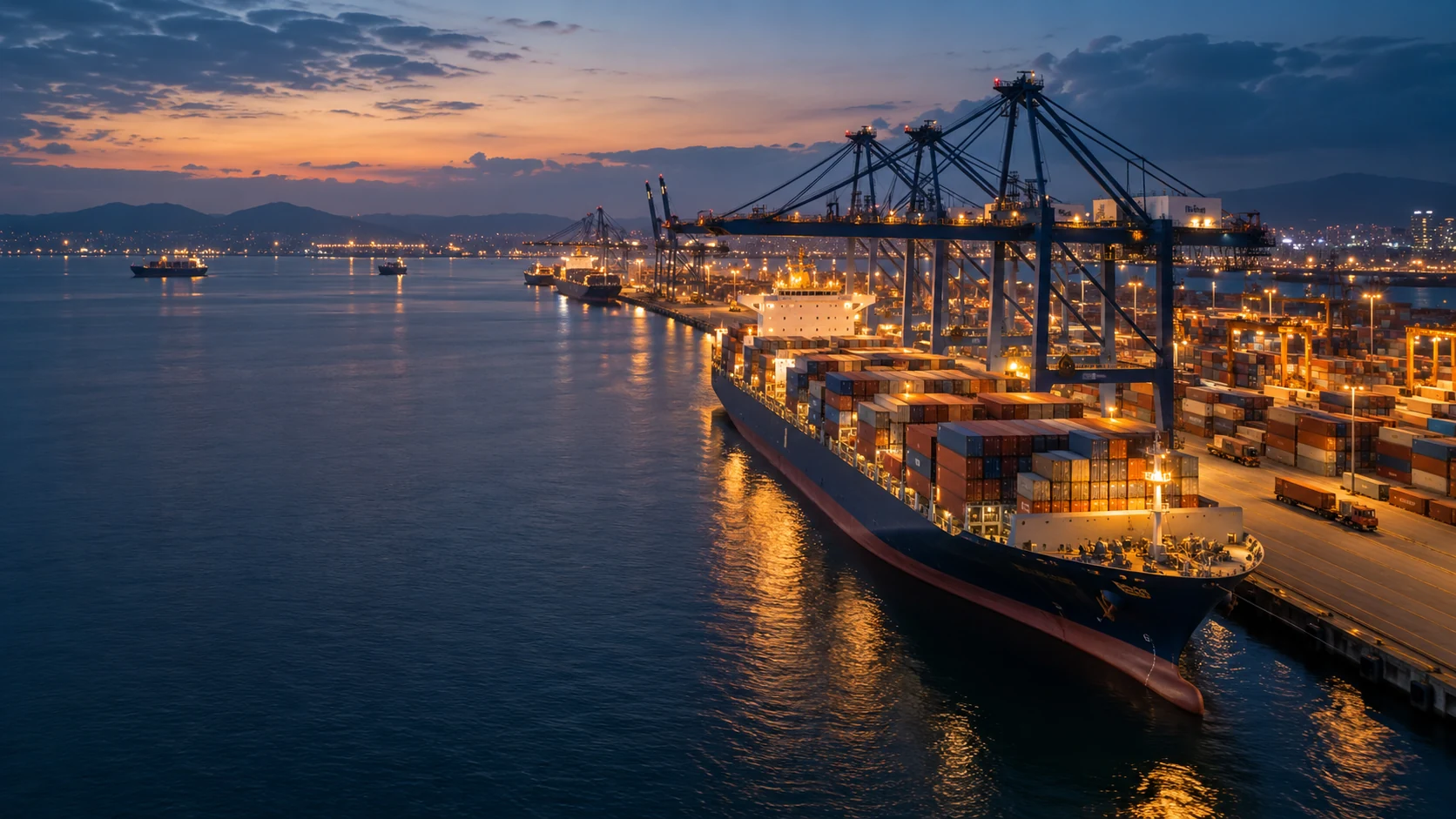 An international container terminal illuminated at blue hour