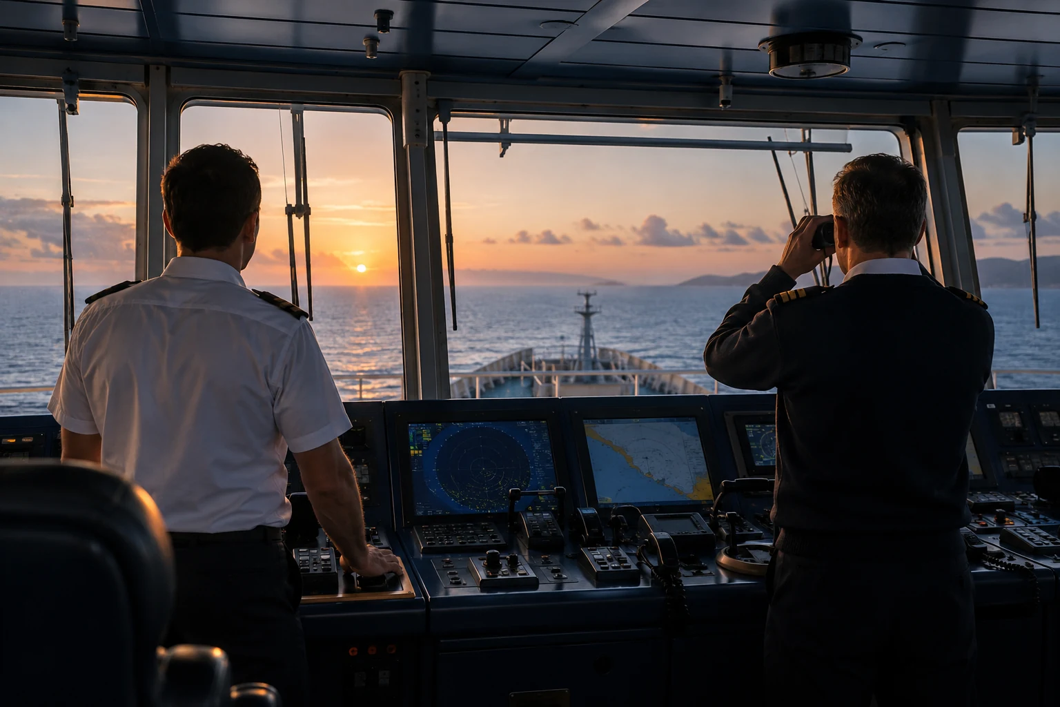Merchant marine officers looking across the sea from a vessel’s bridge
