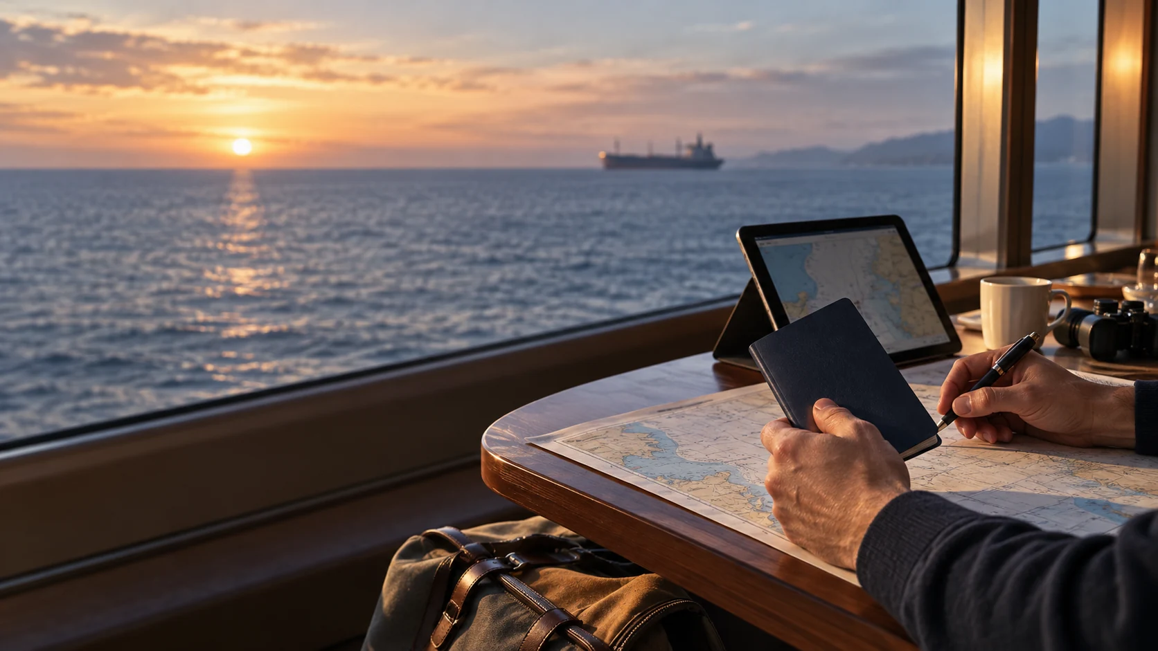 Hands planning a seafarer’s journey with travel documents and a tablet