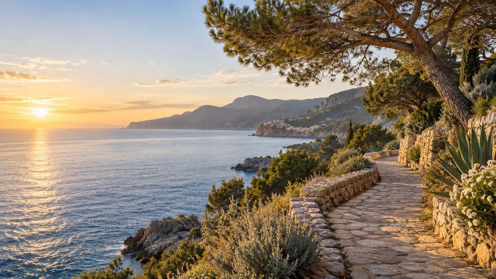 A coastal path through Mediterranean plants beside the sea